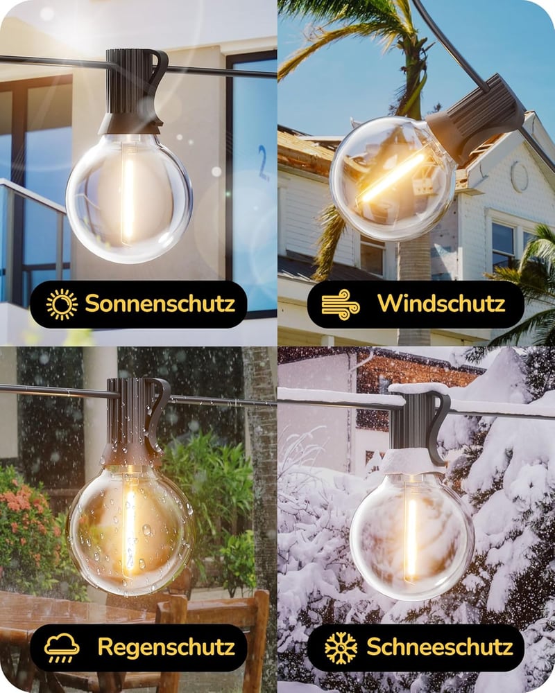EDISHINE Kültéri Fényfüzér 15m - G40 LED Izzók, IP44 Vízálló, Törhetetlen Égők, Kerti Világítás
