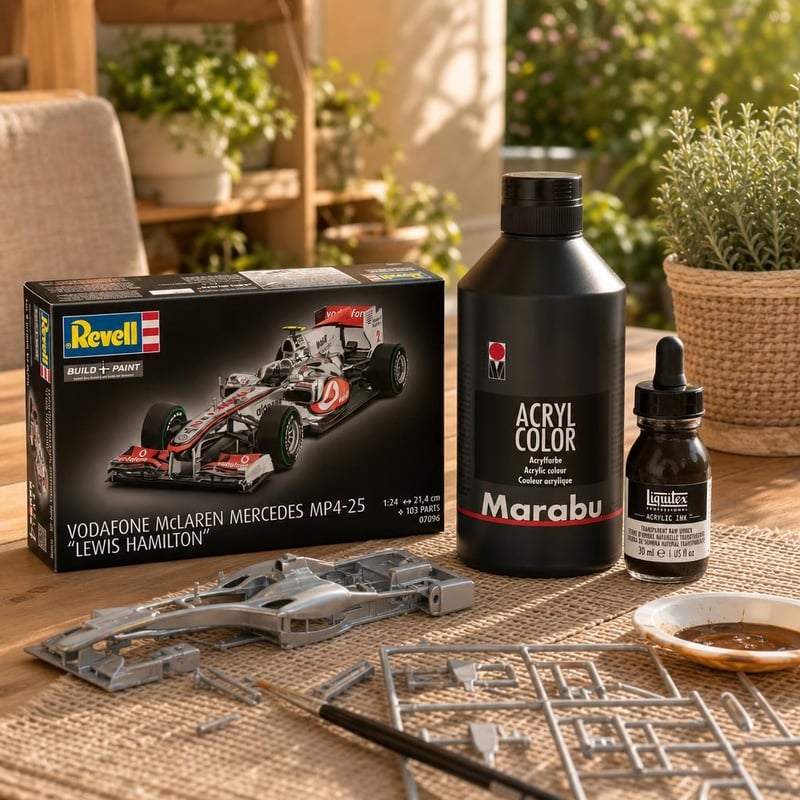 Set za maketare: maketa trkaćeg automobila + crna akrilna boja 500 ml + umbra akrilna tinta