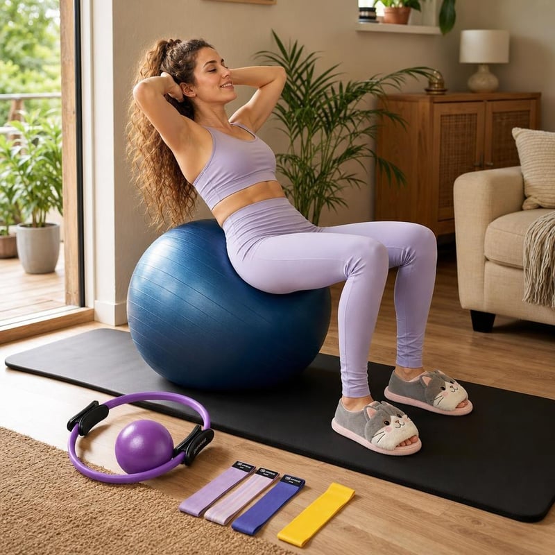 Pilates set za jačanje tijela: 65 cm lopta s pumpom + prostirka + pilates obruč + traka + 2 para čarapa