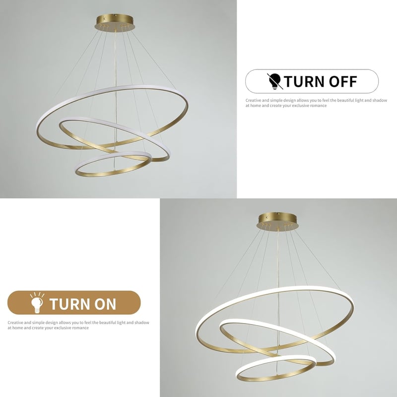 minifair LED Függőlámpa - Szabályozható Fényerejű 3 Gyűrűs Arany Csillár 20+40+60cm, 52W - Modern Akril Mennyezeti Lámpa Étkezőbe, Nappaliba