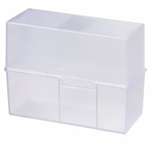 Cutie pentru index carduri HAN 975-63, format A5 orizontal, pentru 500 de fișe, balama din oțel, transparentă — defectă, funcționează parțial: ruptă într-un loc (stare: vezi a 2-a fotografie)