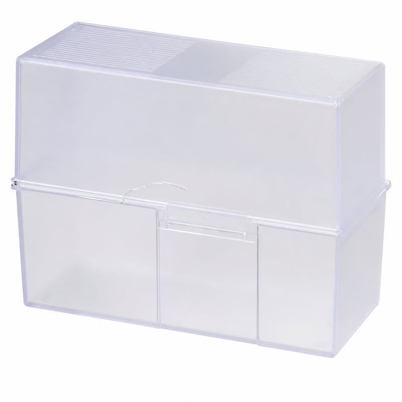 Cutie pentru index carduri HAN 975-63, format A5 orizontal, pentru 500 de fișe, balama din oțel, transparentă — defectă, funcționează parțial: ruptă într-un loc (stare: vezi a 2-a fotografie)