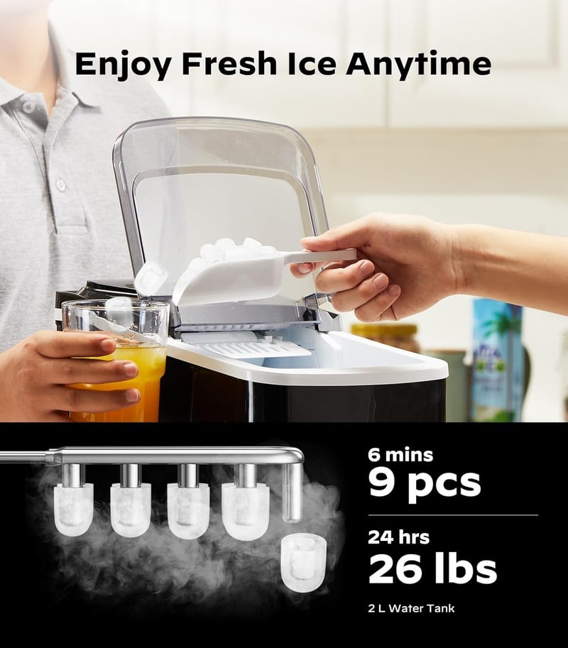 Silonn Jégkockakészítő Gép - 9 Kocka 6 Perc Alatt, 12kg/24 Óra, Öntisztító Funkció, 2 Méretű Jégkocka, 2L Víztartály, Fekete, Konyhai-Irodai