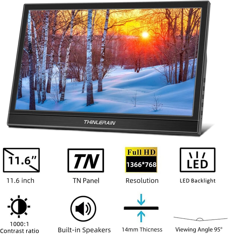 Thinlerain 11,6" Hordozható Monitor HDMI Csatlakozással - 1366x768 HD Kijelző Beépített Hangszórókkal Raspberry Pi kompatibilis