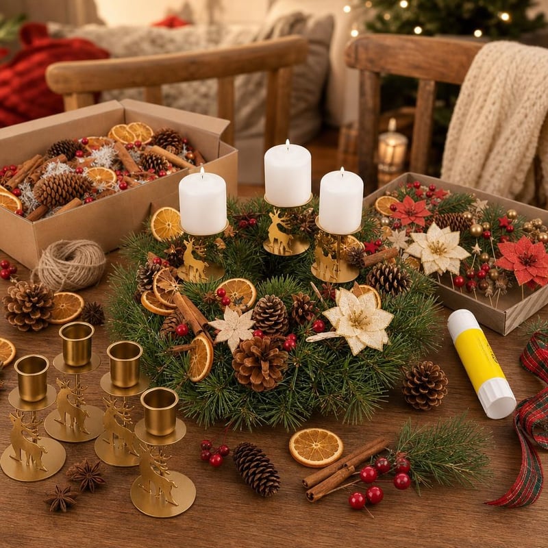 Adventný veniec set: korpus + 4 svietniky + 107 ozdôb + 5 lepidiel