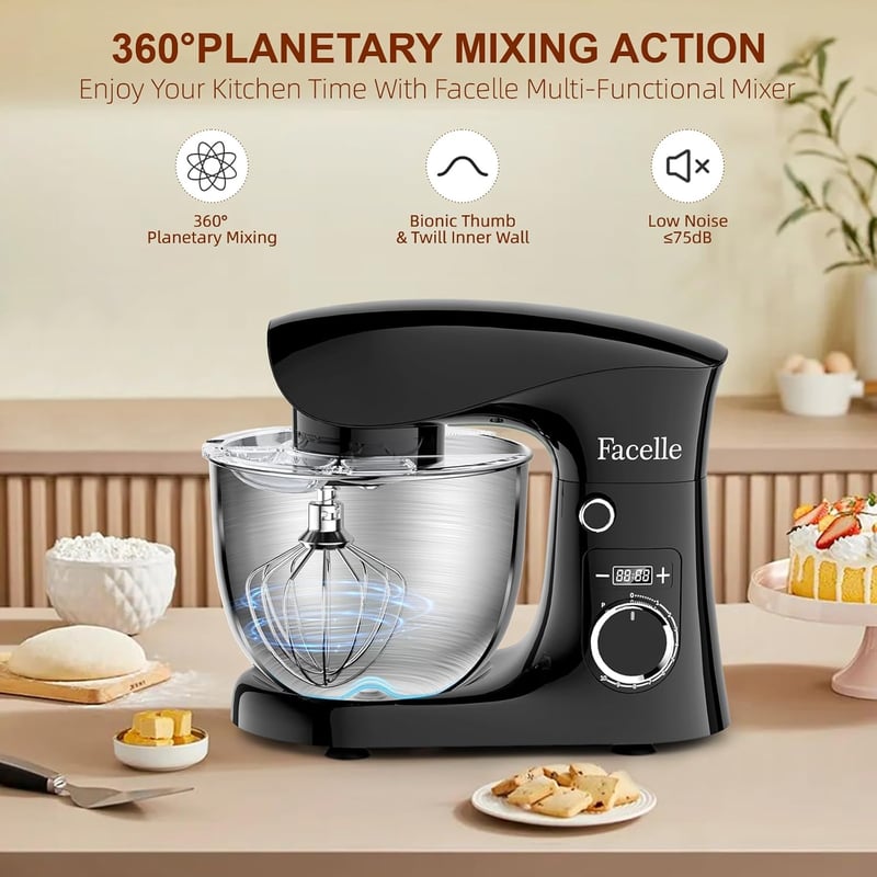 Facelle Konyhai Robotgép 1500W - 5,5L és 4,5L Rozsdamentes Acél Tálakkal, 10+P Sebességfokozattal, Dagasztó, Keverő és Habverő Tartozékokkal