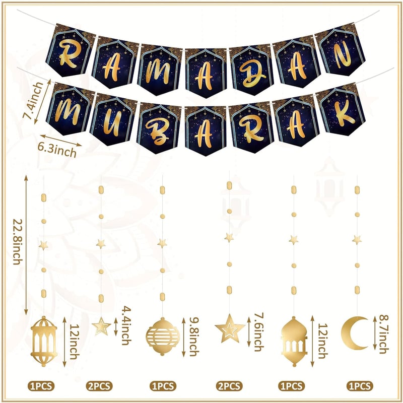 Ramadani dekoráció szett - 10 részes holografikus hold-csillag füzér és banner