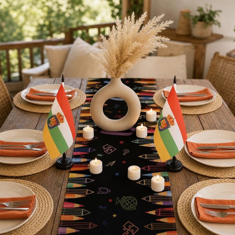 Set decor masă festiv: runner negru + 8 suporturi + 10 sfeșnice + vază bej + 50 șervețele
