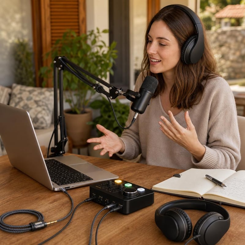 Pachet Podcast Start: mixer audio + microfon dinamic + braț + cablu USB-C + căști
