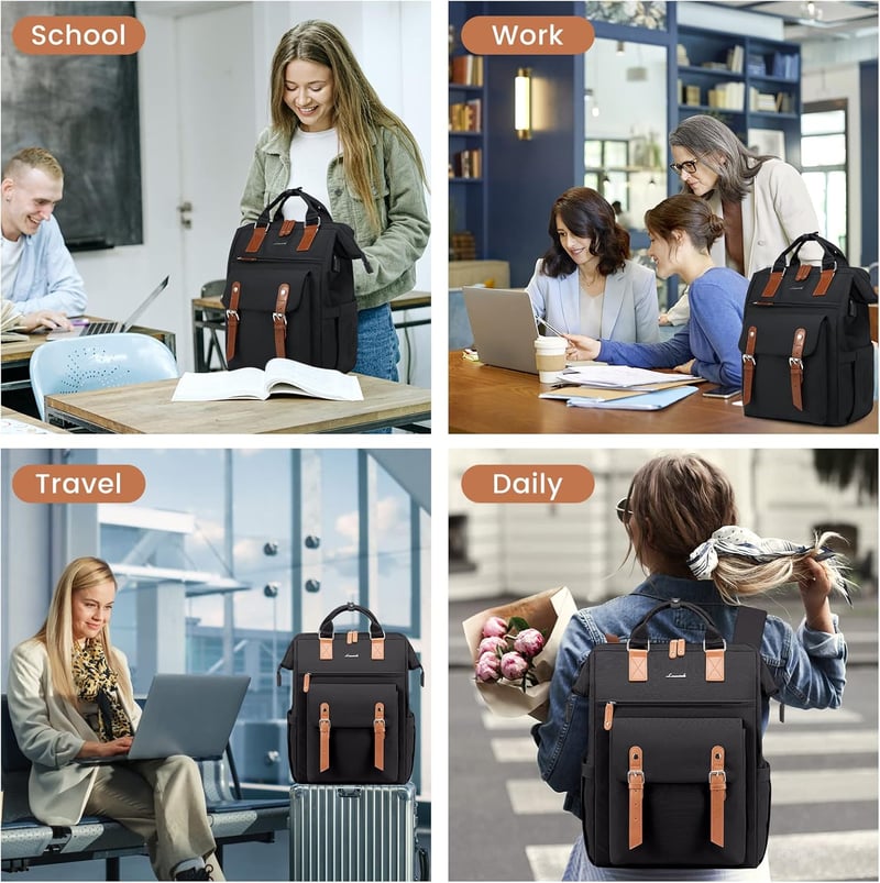 LOVEVOOK Nagy Női Hátizsák 18" Vízálló Utazótáska Laptoptartóval - Fekete Repülőgép Kézipoggyász USB Kábeltartóval Iskolai Egyetemi Üzleti H