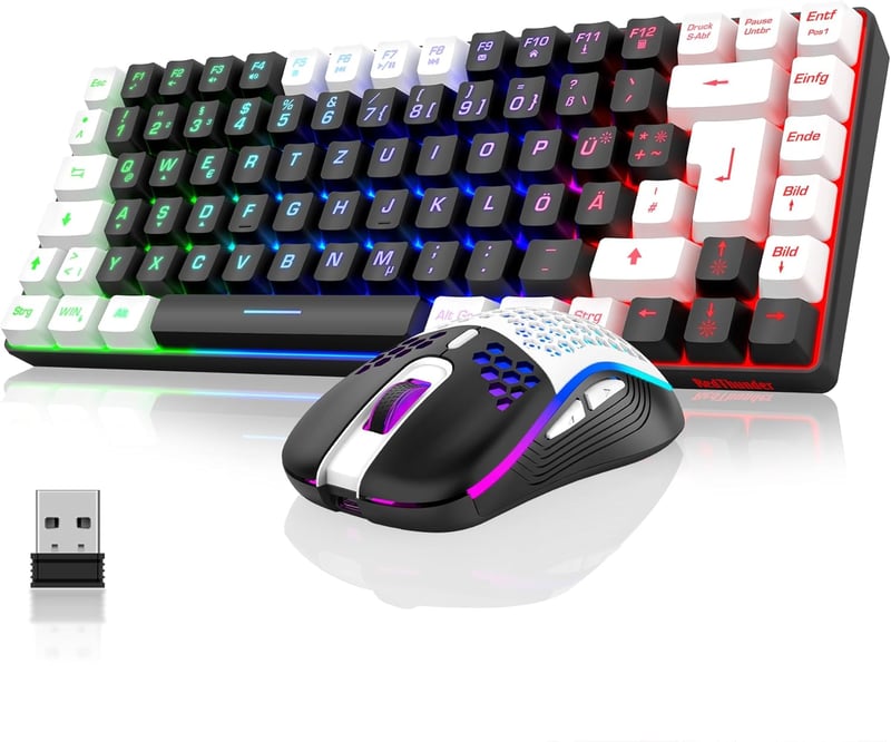 RedThunder 75% Vezeték Nélküli Gamer Billentyűzet és Egér Szett, DE TKL Elrendezés, Újratölthető, Ultrakönnyű 7200DPI Méhsejt Egér, PC/Mac/P