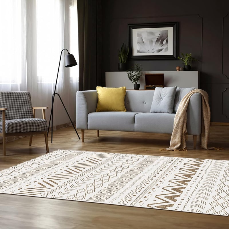 Vamcheer Modern Szőnyeg Beltéri Kültéri Használatra, Csúszásmentes Futó Szőnyeg Konyhába Étkezőbe, Boho Geometrikus Mintás, Bézs 200x300 cm