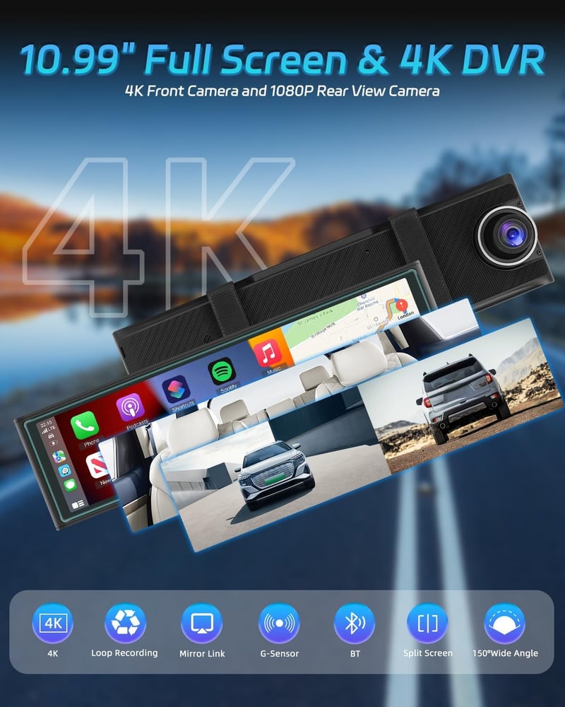 NHOPEEW 10,99" Visszapillantó Tükör 4K Első Kamerával - Vezeték Nélküli CarPlay & Android Auto - Éjjellátó Dupla Kamera WiFi FM Adóval