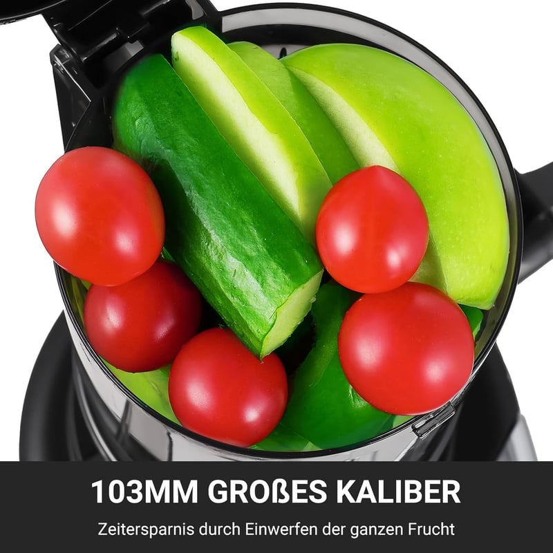 AMZCHEF Slow Juicer 103 mm Széles Adagolónyílással - 250W Hideg Préselésű Gyümölcs és Zöldség Facsaró 2 Szabadalmazott Szűrővel, Csendes Mot