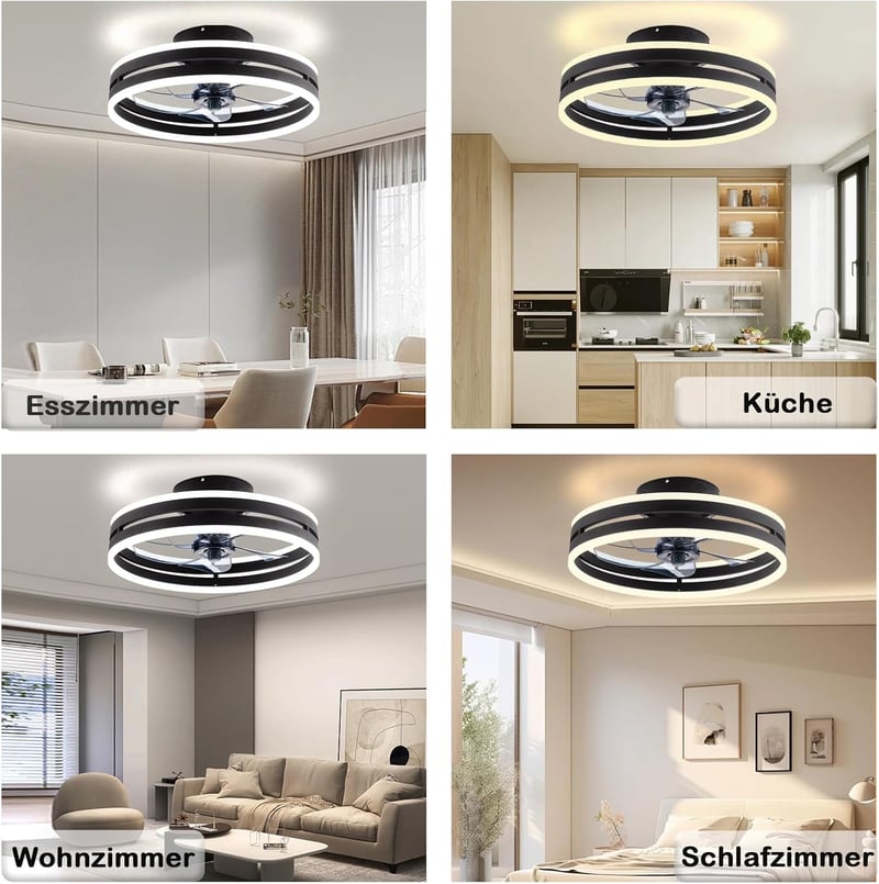 Revneey Mennyezeti Ventilátor Lámpával 50W - Fekete 40cm LED Lámpa Távirányítóval és Applikációval, 6 Sebességű Hálószobai Nappaliba Időzítő