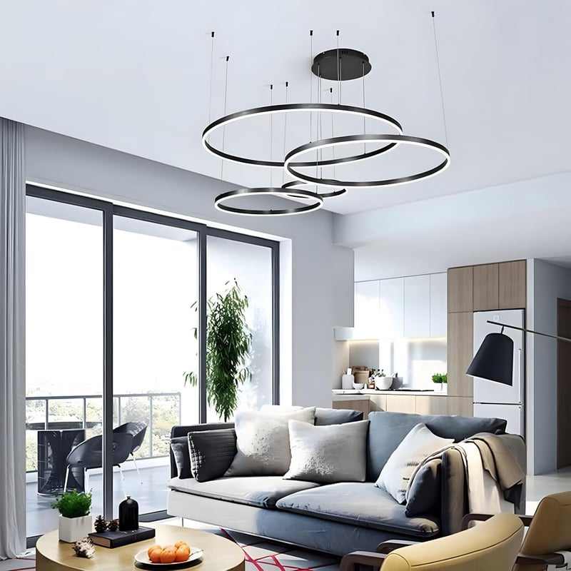 YYUTLUO Modern LED Csillár - 4 Fekete-Arany Gyűrű (20+40+60+80cm), 100W, Távirányítható, Fényerőszabályozható Mennyezeti Lámpa Nappaliba