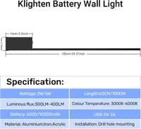 Klighten Akkumulátoros Fali Lámpa 2db - 10000 mAh Tölthető, Távirányítós, Fényerőszabályozós, 100 cm, 6W, 3000K-6000K, Fekete, Nappali Világ 8