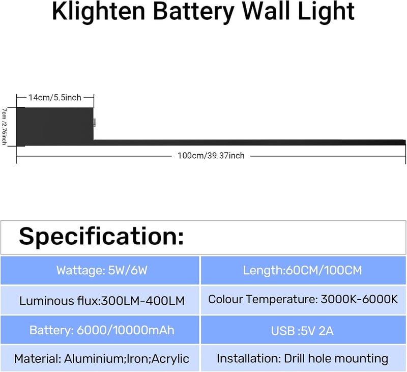 Klighten Akkumulátoros Fali Lámpa 2db - 10000 mAh Tölthető, Távirányítós, Fényerőszabályozós, 100 cm, 6W, 3000K-6000K, Fekete, Nappali Világ