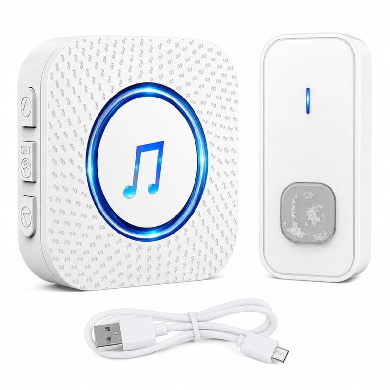Set sonerie wireless SURFOU, rază de acțiune 400 m, 55 de melodii, 5 — urme de adeziv pe buton (stare: vezi a 2-a imagine)
