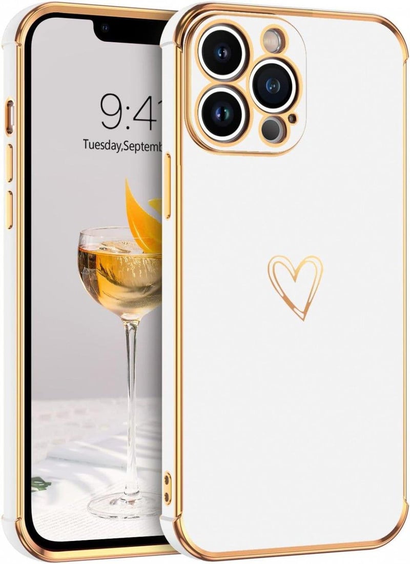 iPhone 13 Pro Max Fehér-Rosegold Szívecskés Ütésálló Szilikon Tok