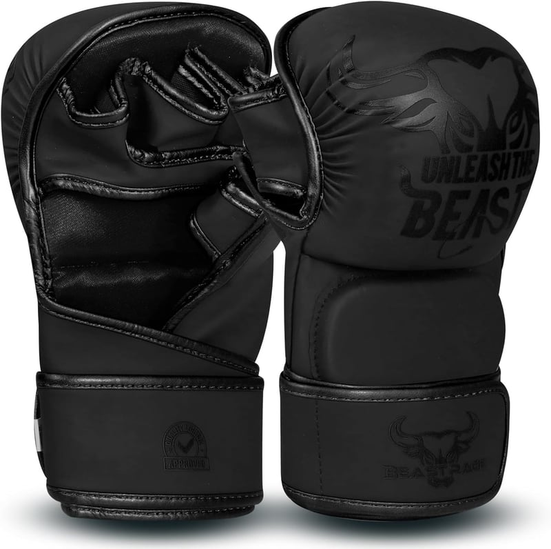 BEAST RAGE MMA Kesztyű Állítható Csuklótámasszal - Nyitott Tenyerű Harcművészeti Kesztyű Muay Thai, Ketrecharc, Taekwondo és Kickbox Edzések