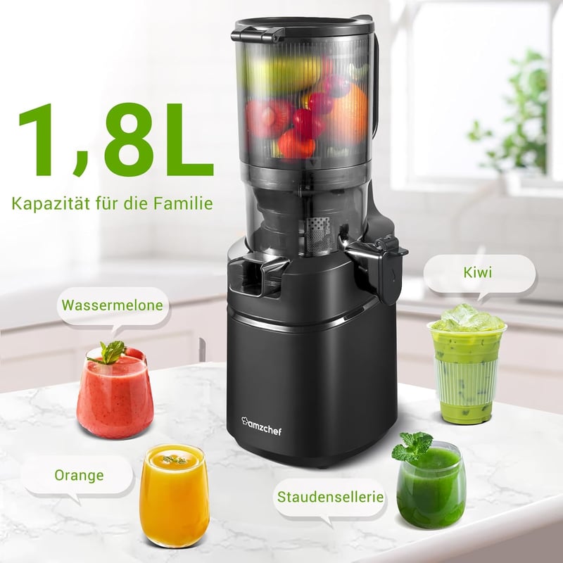 AMZCHEF Nagy Nyílású Automata Gyümölcs- és Zöldségprés, 1.8L, Hidegpréselés, Fekete