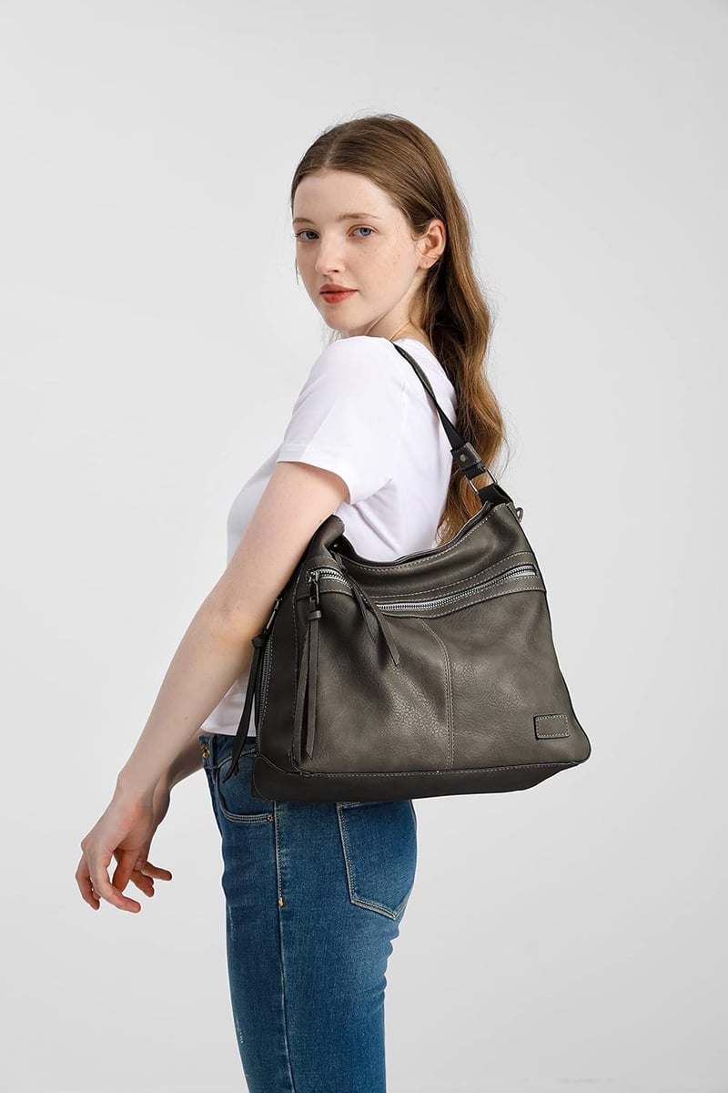 Gladdon nagy kapacitású szürke bőr női válltáska - Elegáns shopper táska több rekesszel