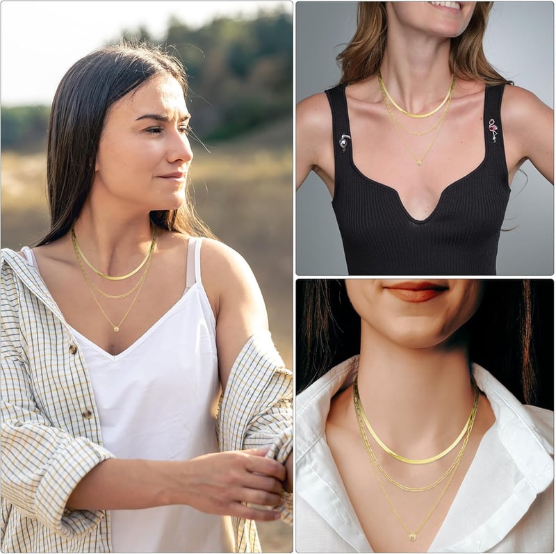 DIVINA VITAE Réteges Női Nyaklánc 14K Arany Bevonattal - Cirkónia Medálos Elegáns Ékszer, Lapos Kígyólánc, Rozsdamentes Acél Choker