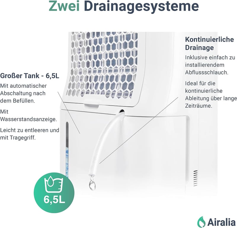 Airalia AIR-DH20 Elektromos Párátlanító 20L/nap - 6,5L Tartály, Tömlős Vízelvezetés, 195m³/óra Légáramlás, 40m² Helyiségekhez