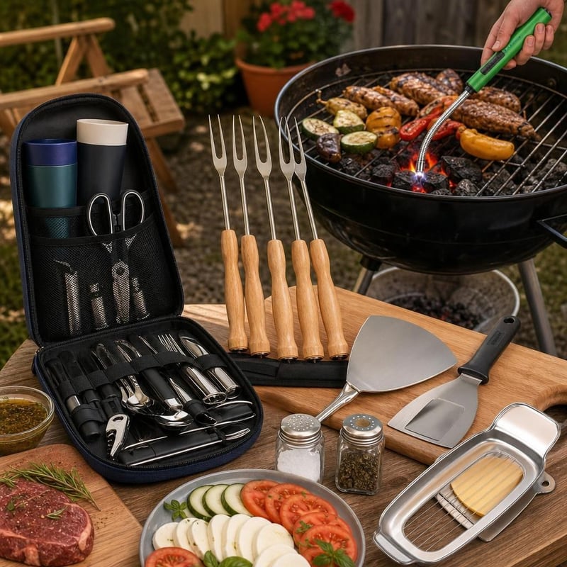 Grill štartovací balíček: 1x zapaľovač + 4x vidlica + obracačka + 33-dielna sada + krájač