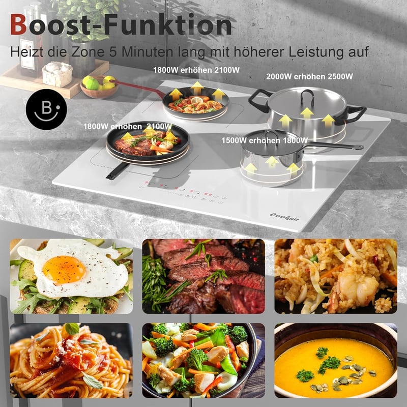 Cooksir 4 zónás indukciós főzőlap 3500W teljesítménnyel, 59 cm-es beépíthető fehér kerámiaüveg felülettel, kombinált zónával és dugvillás cs