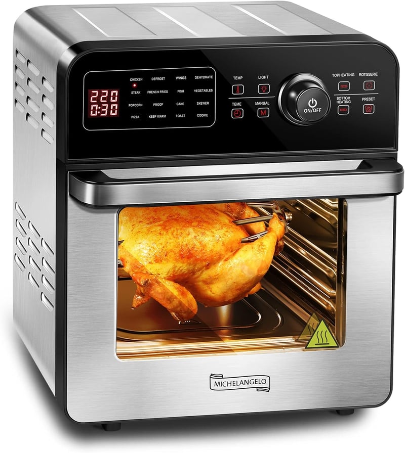 MICHELANGELO 14,5L Digitális Forrólevegős Sütő 1700W - Olaj Nélküli Légkeveréses Fritőz 16 Programmal, Forgónyárssal és Aszalóval, 8 Kiegész