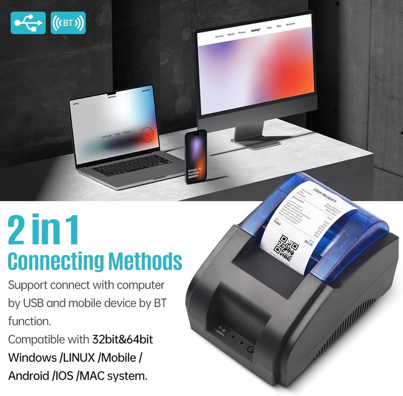 Bisofice 58 mm-es Hőpapíros Nyugtanyomtató USB/Bluetooth Csatlakozással, Windows/Linux/Android/iOS Kompatibilitás, ESC/POS Támogatás