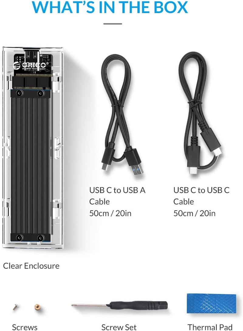 ORICO M.2 NVMe SSD külső ház, 10Gbps USB-C, átlátszó, 2230/2242/2260/2280 méretekhez