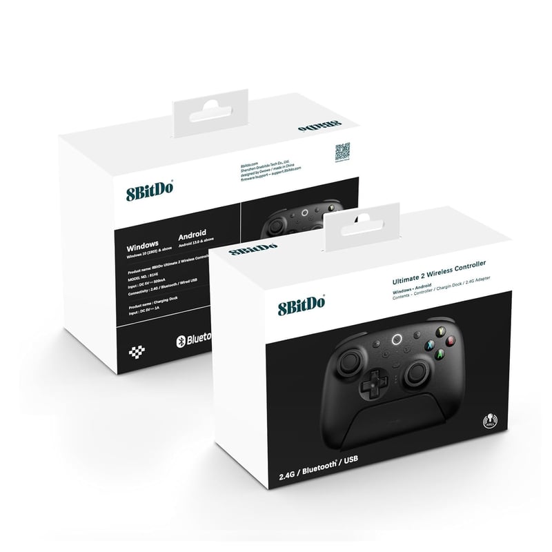 8Bitdo Ultimate 2 Vezeték Nélküli Kontroller PC és Android Eszközökhöz - MTR Joystick, RGB Fények, Állítható Ravaszok, Töltőállomás, Fekete