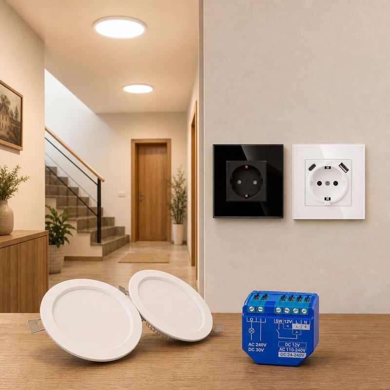 Pametna rasvjeta za hodnike: 1x Schuko utičnica + 1x USB-A/C utičnica + 1x WiFi relej + 2x LED downlight