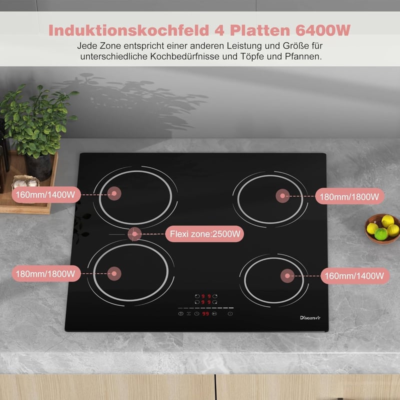 Disaenvir 60 cm-es Indukciós Főzőlap 4 Zónával, 6400W, Flexibilis Zóna, Érintésvezérlés, 9 Teljesítményszint, Időzítő, Szünet Funkció, 220V