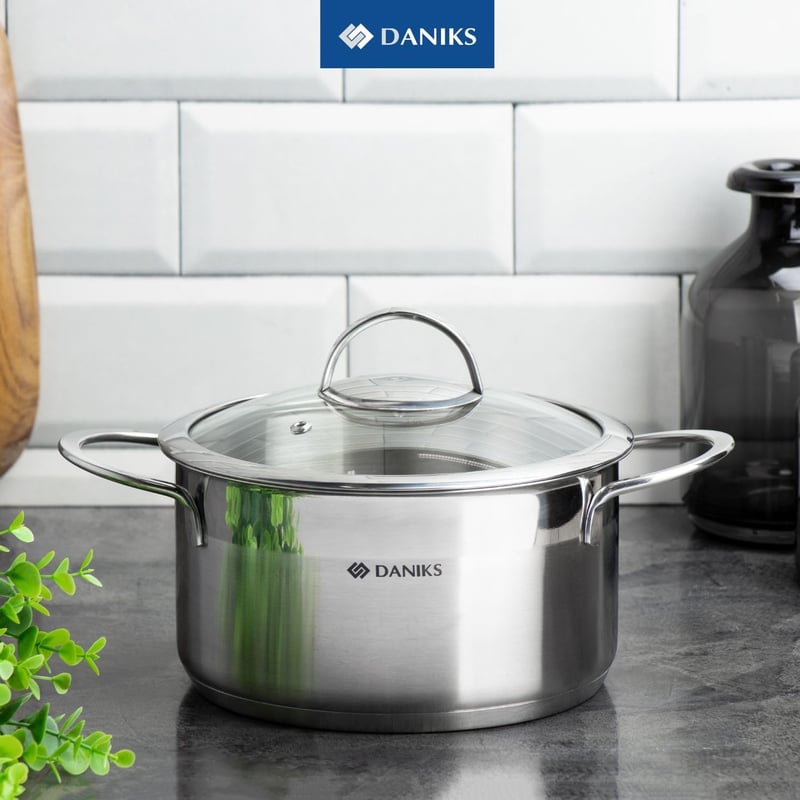 Daniks Bonn rozsdamentes acél főzőedény 3,4L űrtartalommal, indukciós tűzhelyre, mérőskálával, üvegfedővel, 20 cm, ezüst