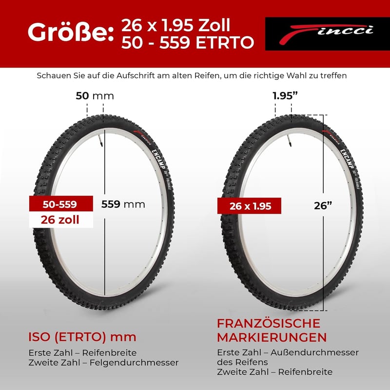 Fincci 26 x 1.95 Összehajtható MTB Kerékpár Külső Gumi - Terepre, Sárra, Hegyi Biciklizéshez, 50-559 Méretben, 3mm Mintázattal