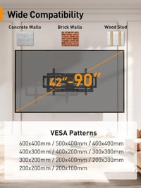 Perlegear TV Fali Tartó 42-90" Képernyőkhöz, 68 kg Teherbírás, Előszerelt, Dönthető, Forgatható, Kihúzható, VESA 600x400mm, Univerzális 2