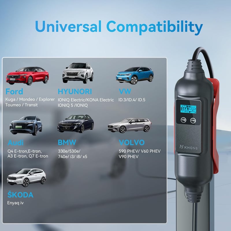 Youwoauto 11KW 3-fázisú Hordozható Wallbox Töltőállomás - Type 2 Töltőkábel CEE Csatlakozóval, Állítható Töltőteljesítmény, Applikációs Vezé