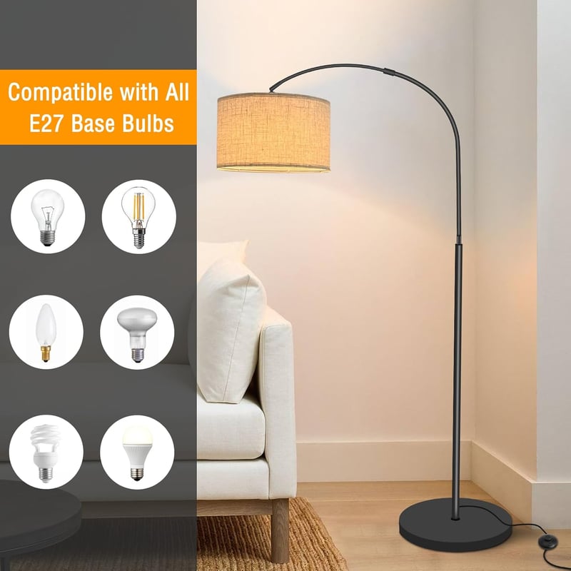 Fortand Ívelt Állólámpa - 12W LED E27 Lámpa 3 Színhőmérséklettel, Modern Olvasólámpa Bézs Lenvászon Ernyővel, Lábkapcsolós Retro Dizájn Napp