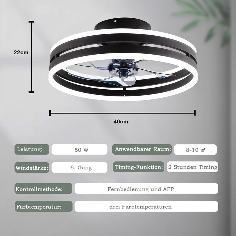 Revneey Mennyezeti Ventilátor Lámpával 50W - Fekete 40cm LED Lámpa Távirányítóval és Applikációval, 6 Sebességű Hálószobai Nappaliba Időzítő