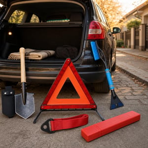 Auto set za hitne slučajeve: trokut + uže za vuču + strugalica sa četkom + lopata
