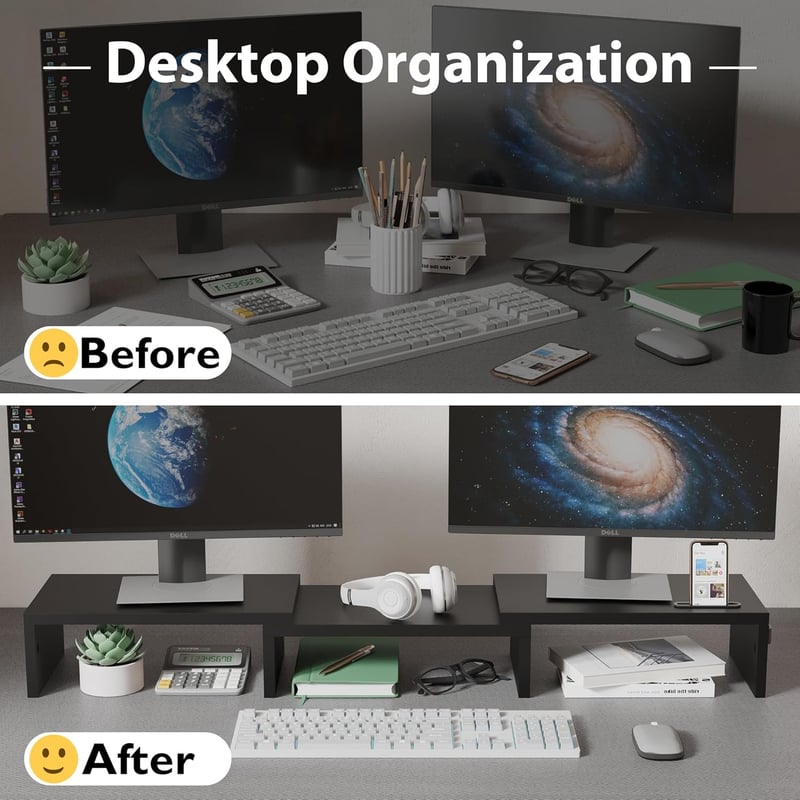 BONTEC Dupla Monitor Állvány - Állítható Magasságú és Szögű Fa Asztali Szervező Telefontartóval, Kábelrendezővel PC Monitorhoz, Laptophoz, 5