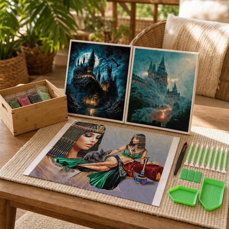 Sada na diamantové maľovanie: 1x obraz 50x40cm + 2x 5D set + 21-dielne príslušenstvo + bambusový box