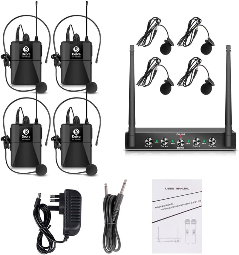 D Debra AU400 Pro UHF 4-Csatornás Vezeték Nélküli Mikrofonrendszer Csíptetős és Fejpántos Mikrofonokkal, Fém Vevőegységgel - Karaoke, Rendez