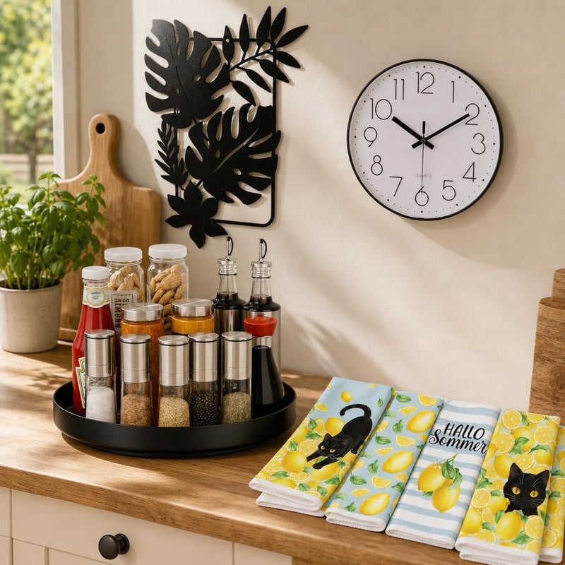 Kuchynský letný set: 4× utierka + dekorácia list + hodiny + otočný stojan na korenie