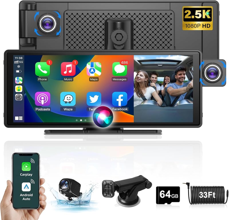 Jansite 10,26" Apple CarPlay Android Autós Kijelző 2.5K Műszerfali Kamerával, Vezeték Nélküli DrivePlay, Tolatókamera, Bluetooth, Tükrözés