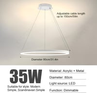 YYUTLUO Modern LED Csillár - 80 cm Fehér Kör Alakú Függőlámpa, 35W, Távirányítható, Fényerőszabályozható, Nappali és Hálószoba Világítás 2